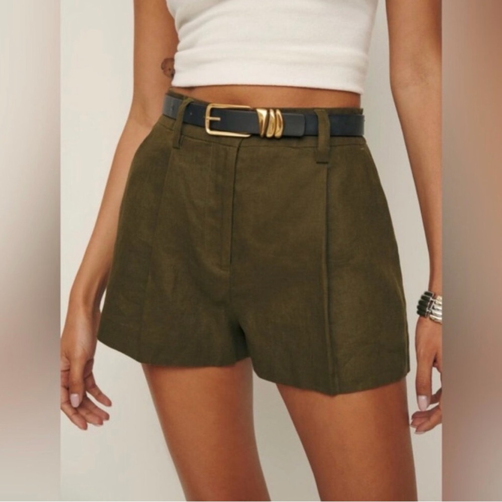 Reformation Dark Olive Alex Linen Shorts